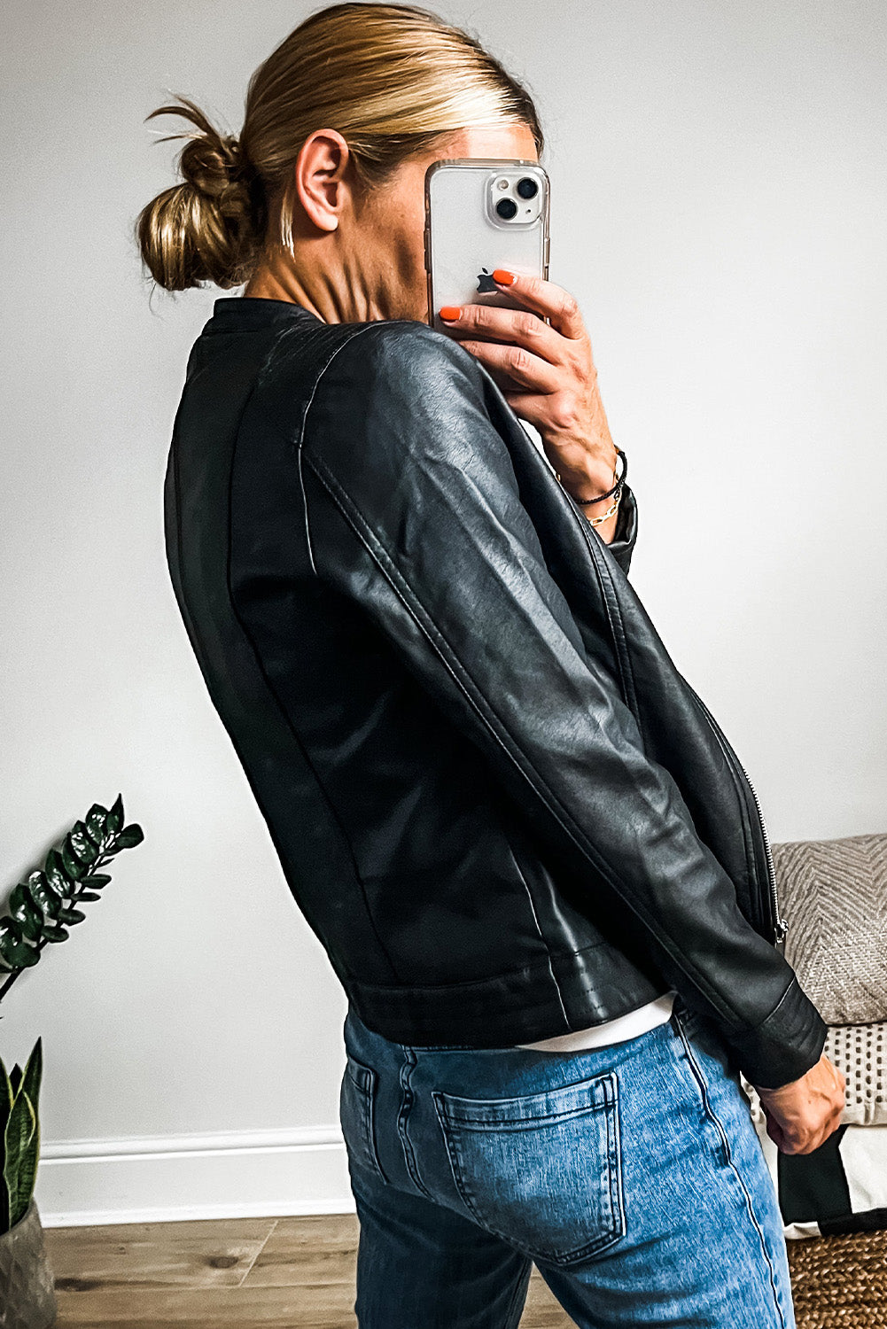 Black Faux Leather Pockets Round Neck Zipper Jacket