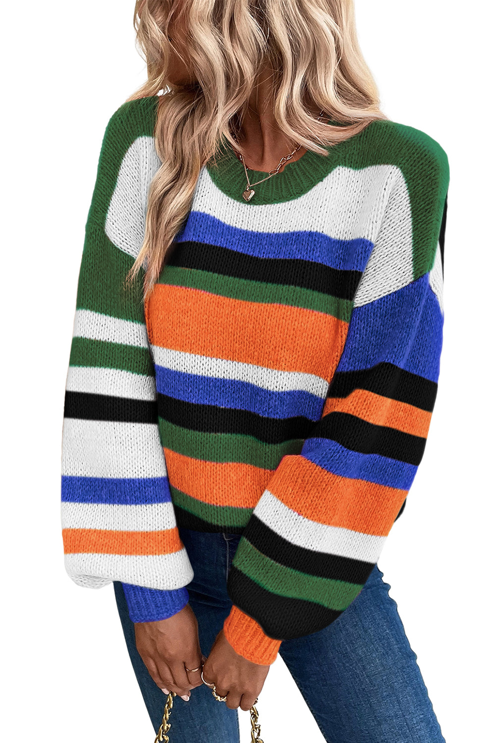 Multicolor Striped Knit Drop Shoulder Lantern Sleeve Sweater