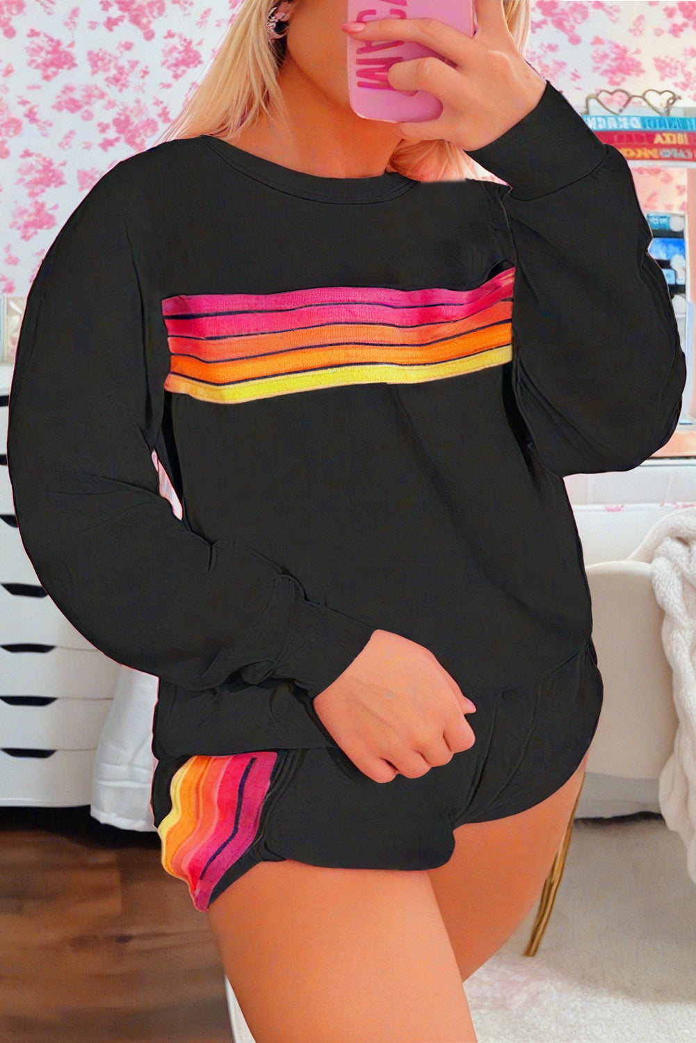 Black Colorful Striped Long Sleeve Pullover and Shorts Set