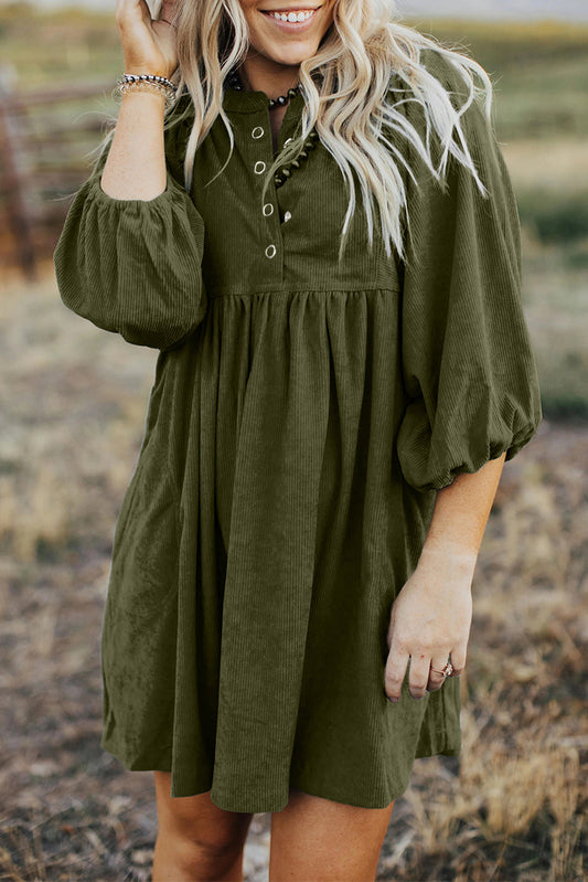 Vineyard Green Light Snap Button Empire Waist Lantern Sleeve Corduroy Dress