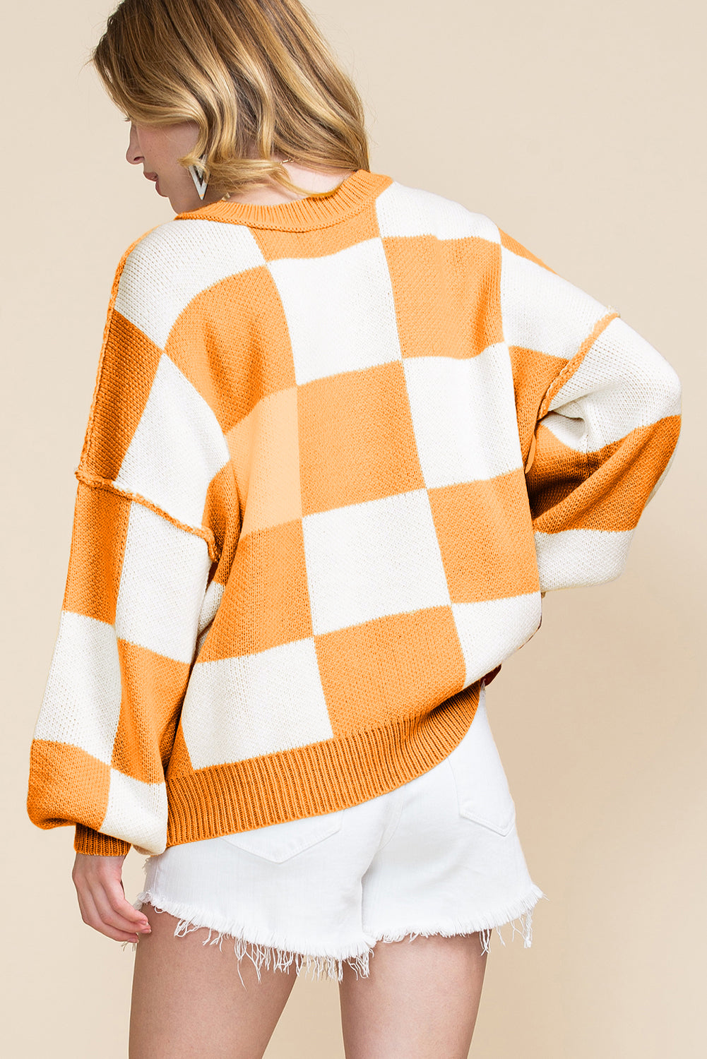 Checkered Bishop Sleeve Pullover Sweater