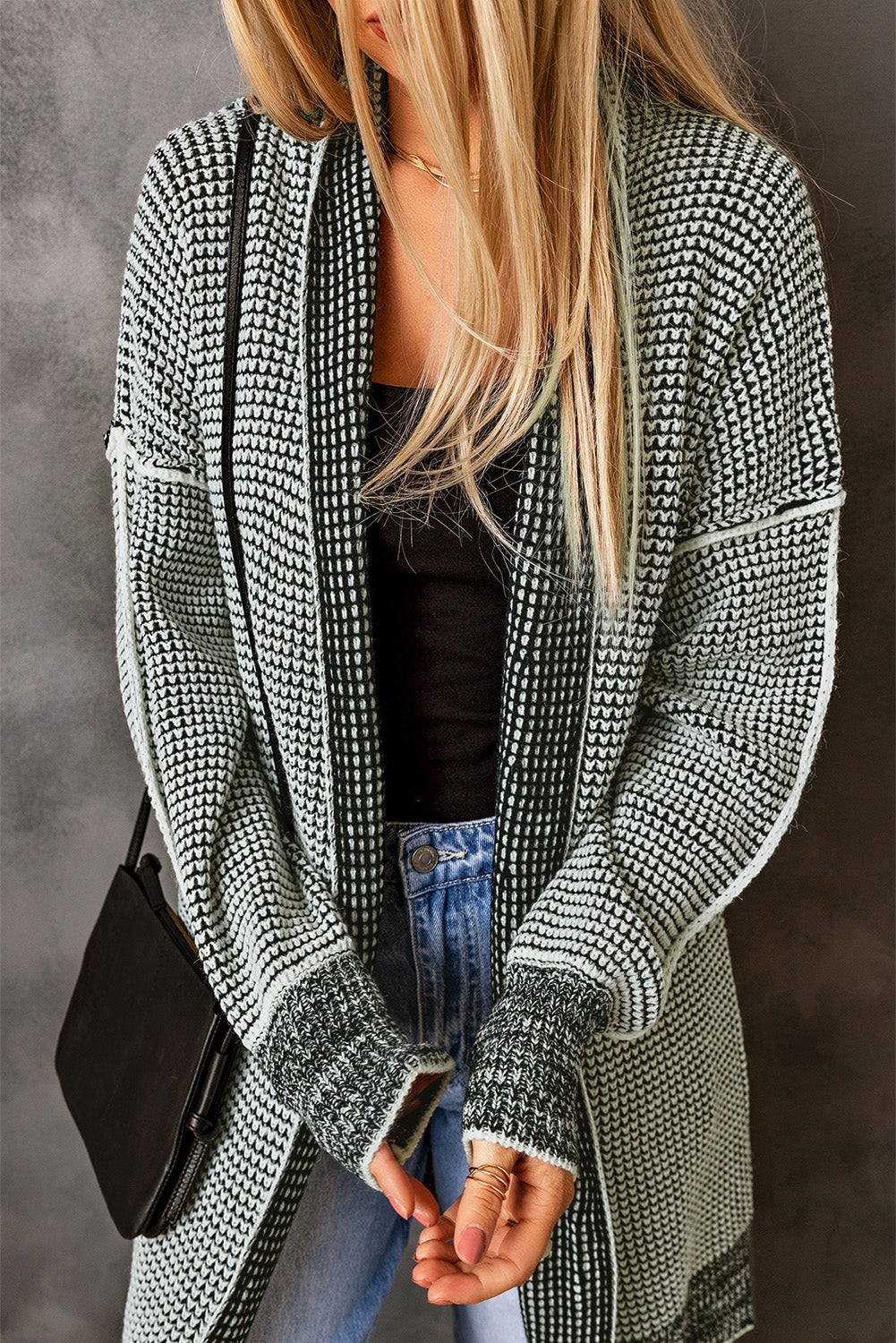 Plaid Contrast Trim Casual Knit Cardigan