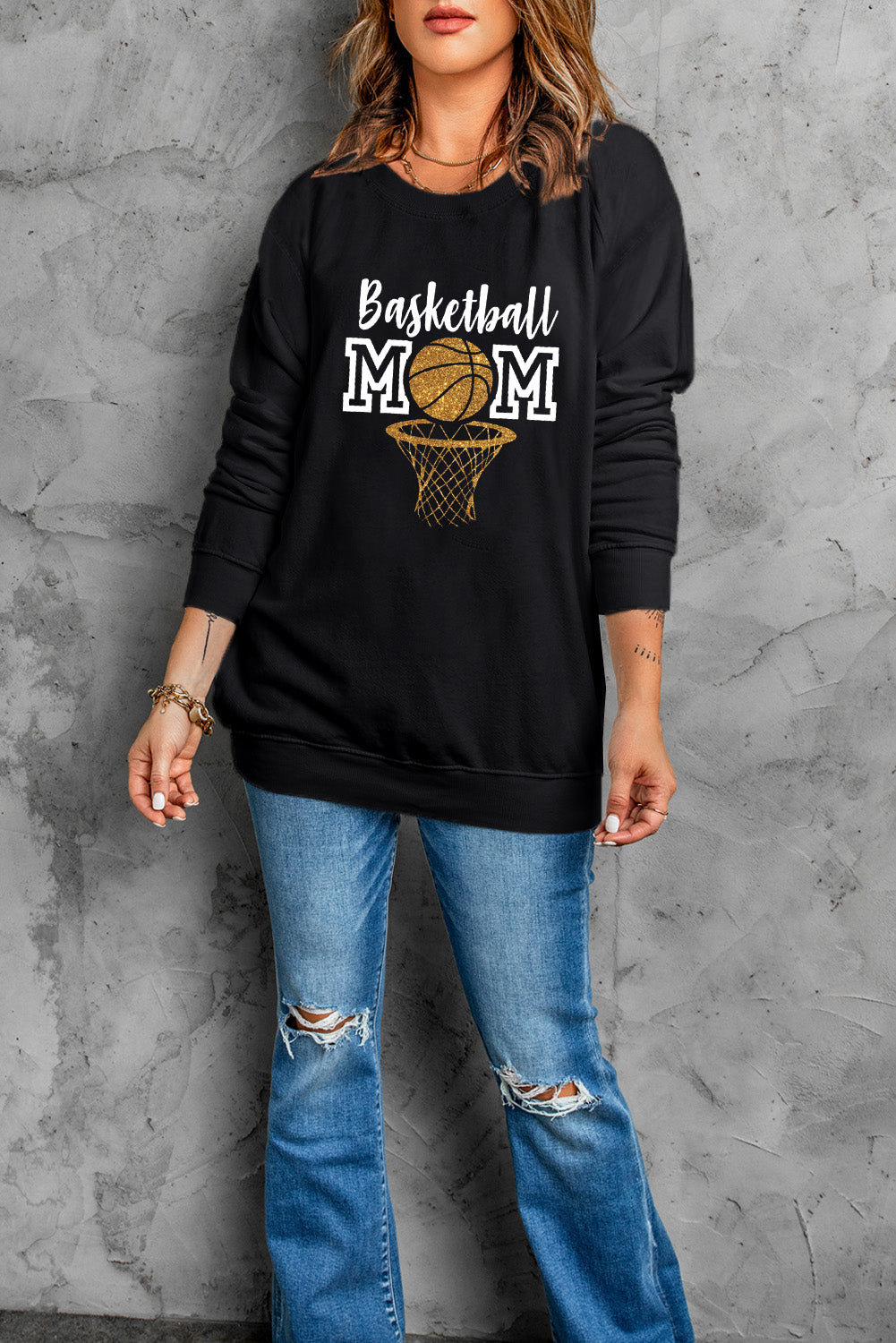 Black Basketball MOM Graphic Long Sleeve Round Neck Top