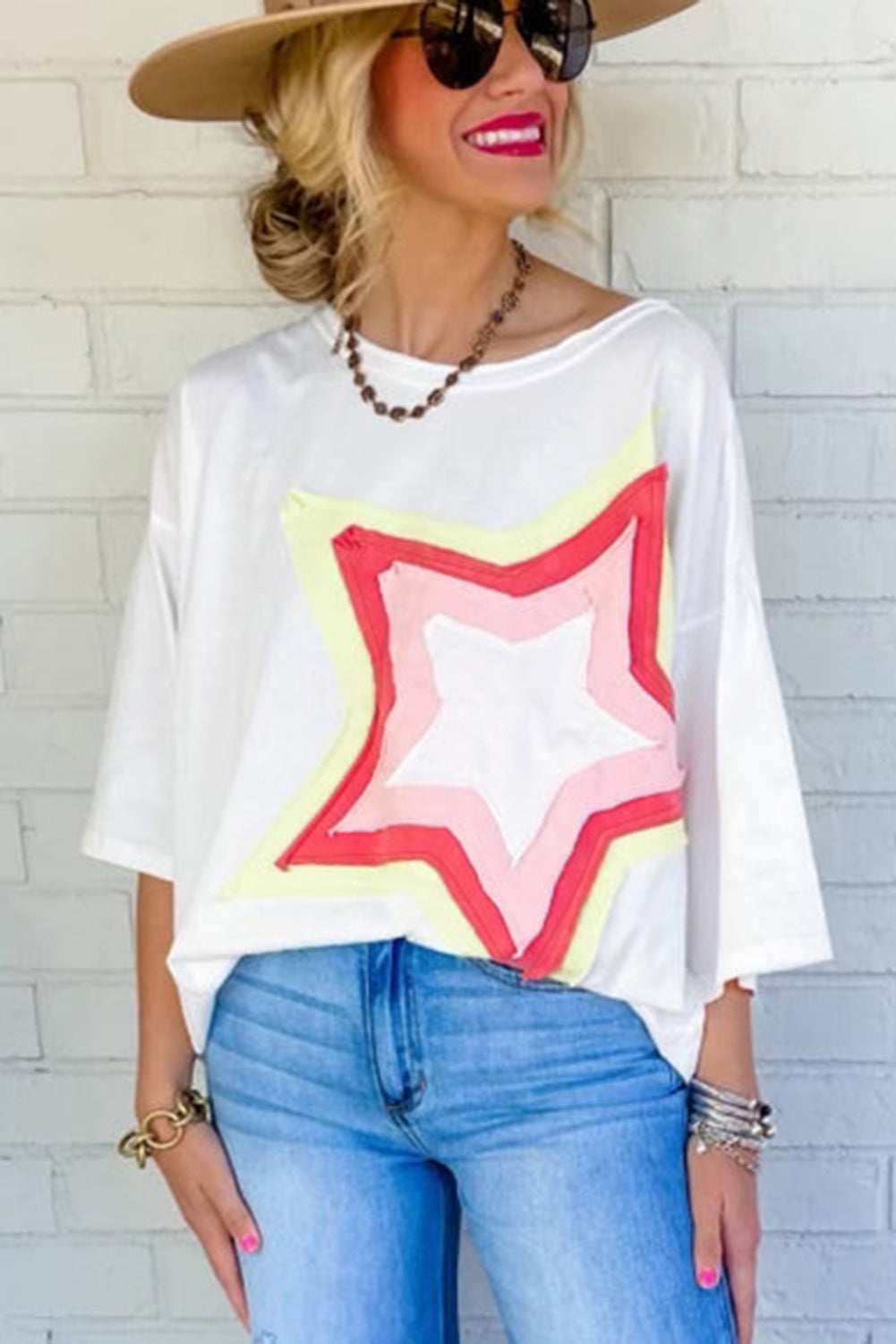 Moonlight Jade Colorblock Star Patched Half Sleeve Oversized Tee