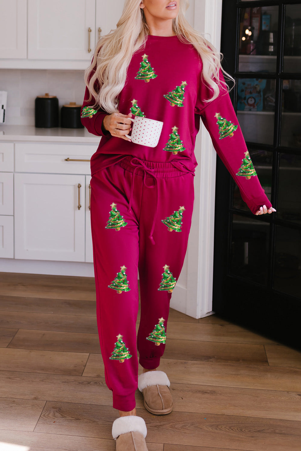 Red Sequined Christmas Tree Graphic Loungewear Set