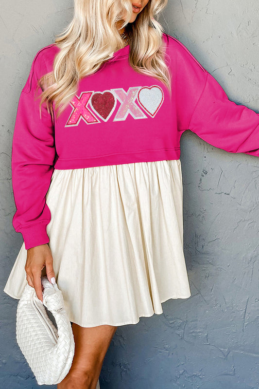 Rose Red XOXO Heart Patched Casual Sweatshirt Mini Dress