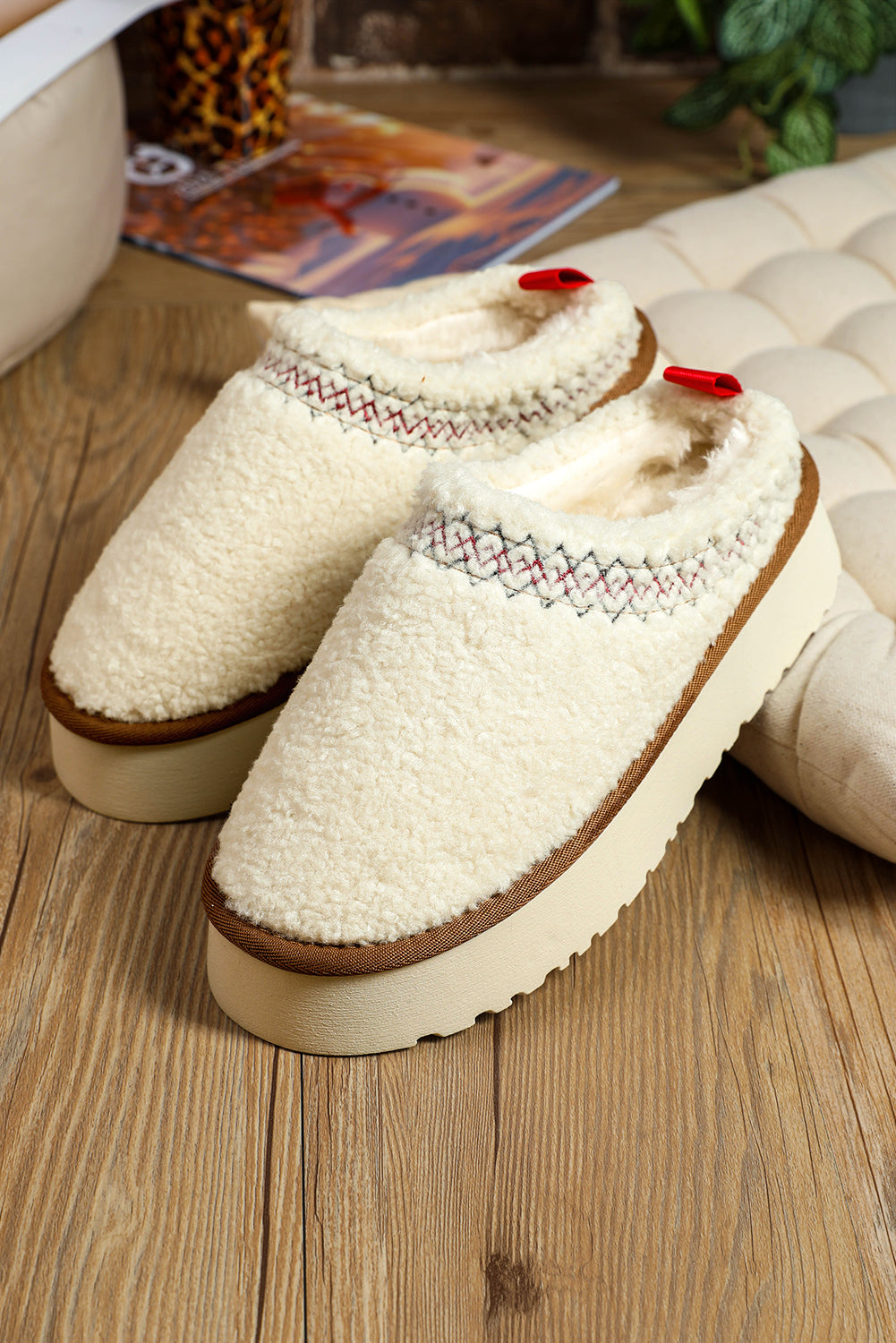 White Suede Contrast Print Plush Thick Sole Slippers