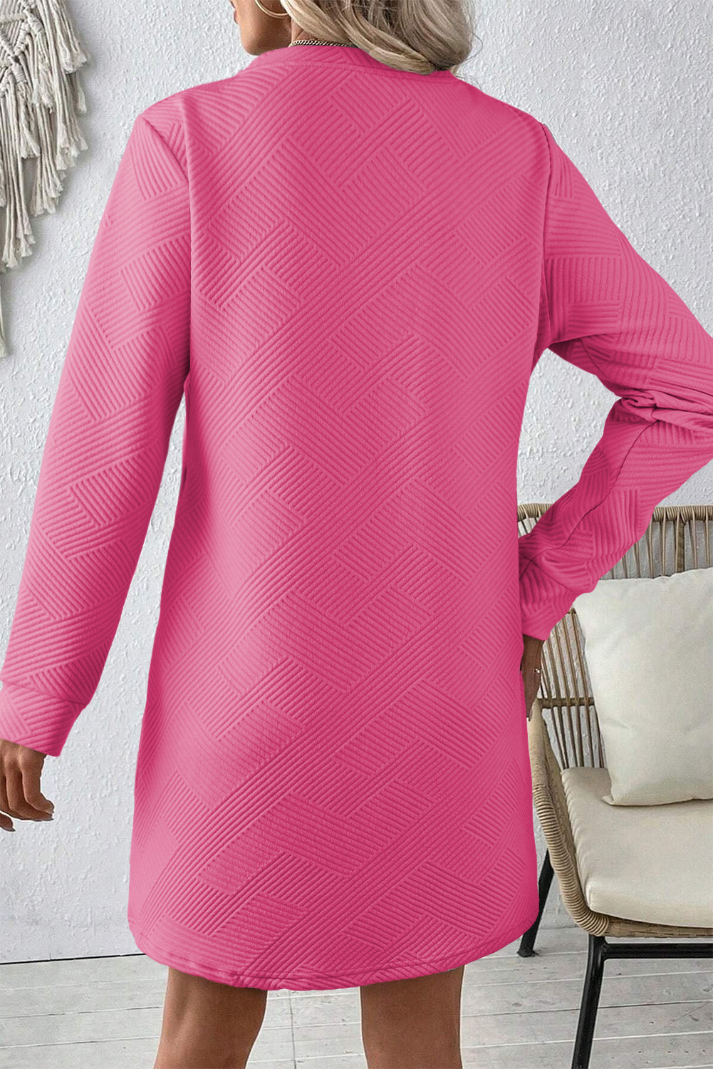 Rose Pink Plain Textured Long Sleeve Shift Short Dress