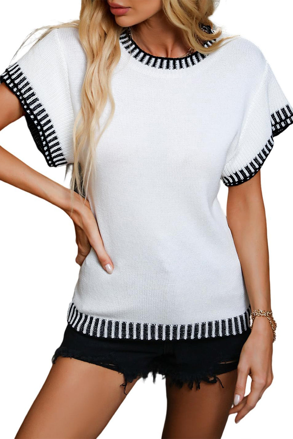 White Contrast Trim Round Neck Batwing Sleeve Knitted T Shirt