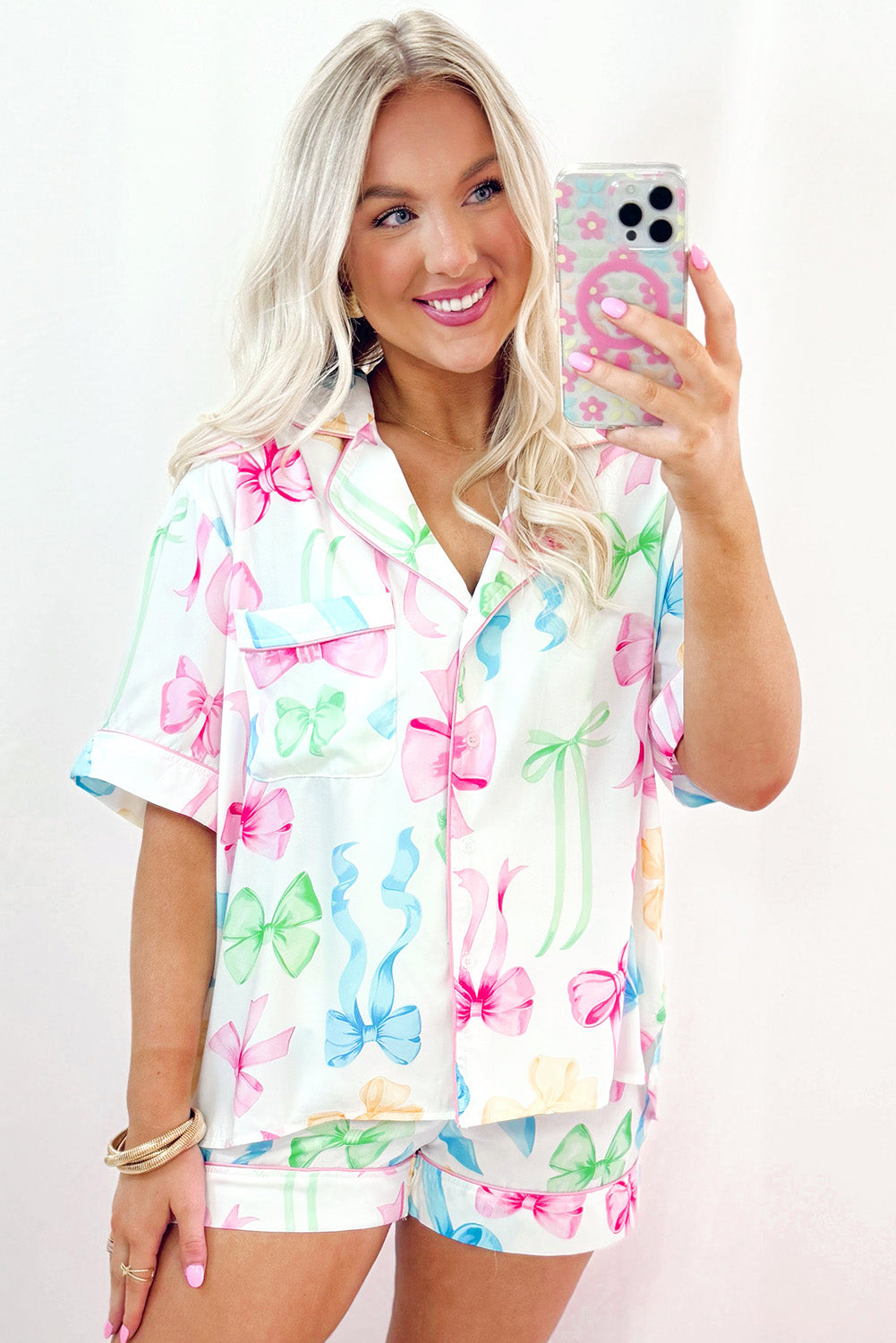 White Bowknot Print Buttoned Shirt and Shorts Pajama Set