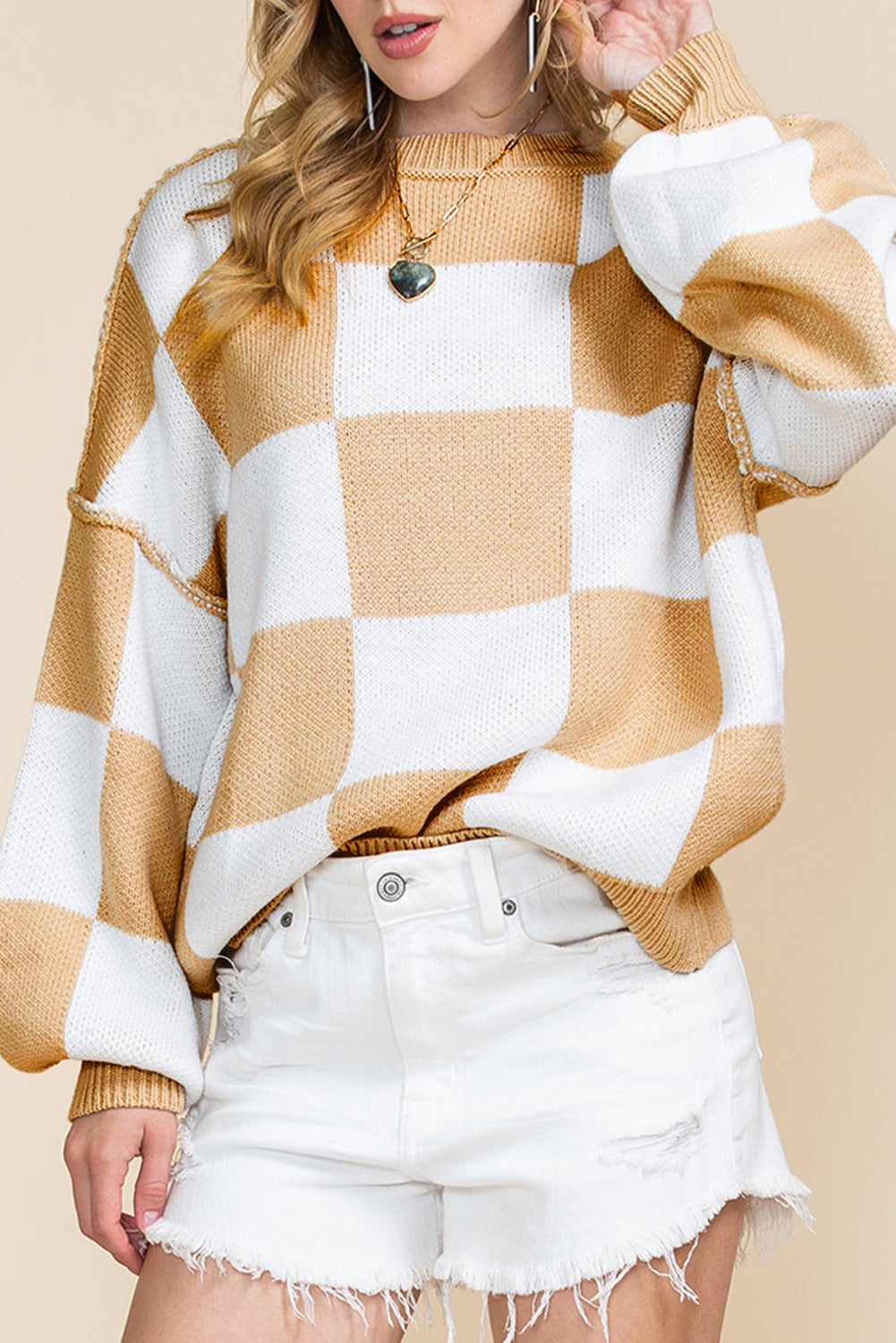 Checkered Bishop Sleeve Pullover Sweater