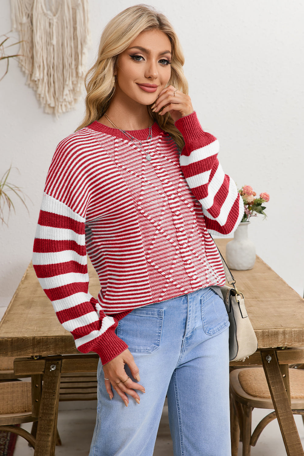 Red and White Stripe Twisted Knitted Drop Shoulder Sweater