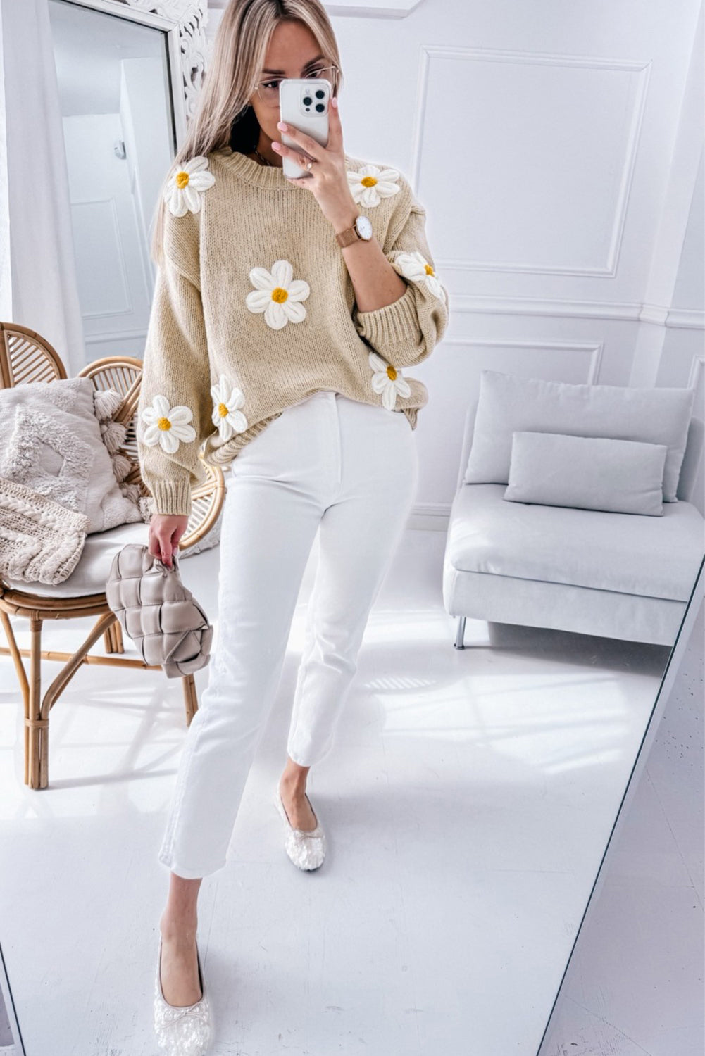 White 3D Flower Detail Loose Sweater