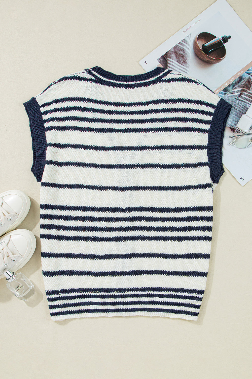 Blue Stripe Loose Buttoned V Neck Knit Vest