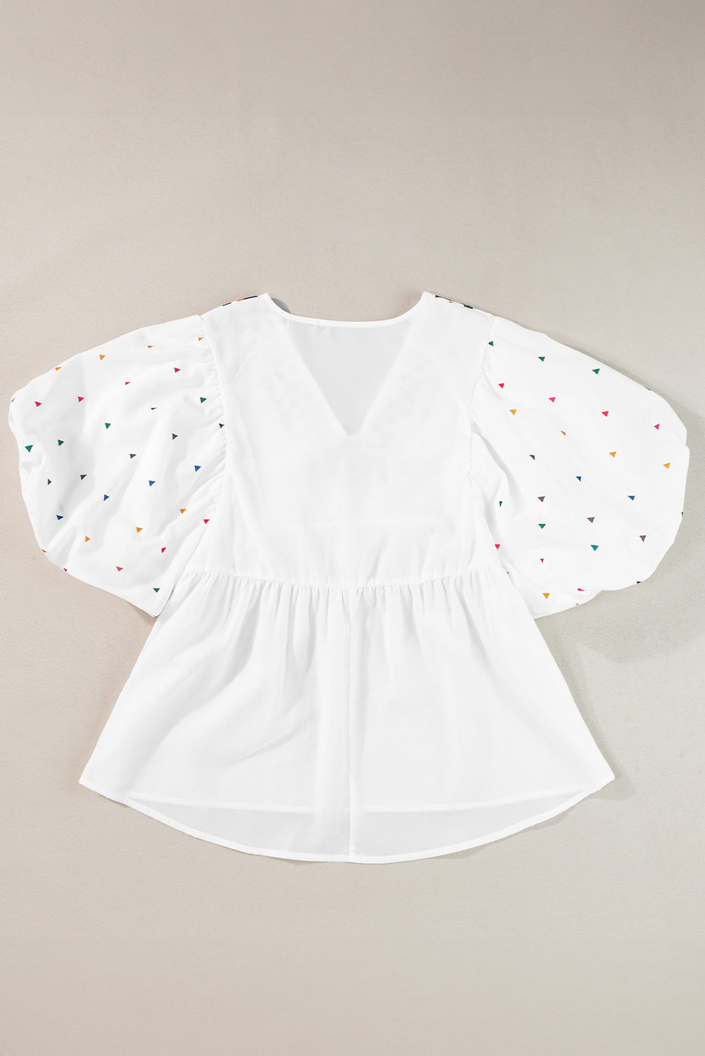 White Colorful Geometric Print V Neck Babydoll Blouse