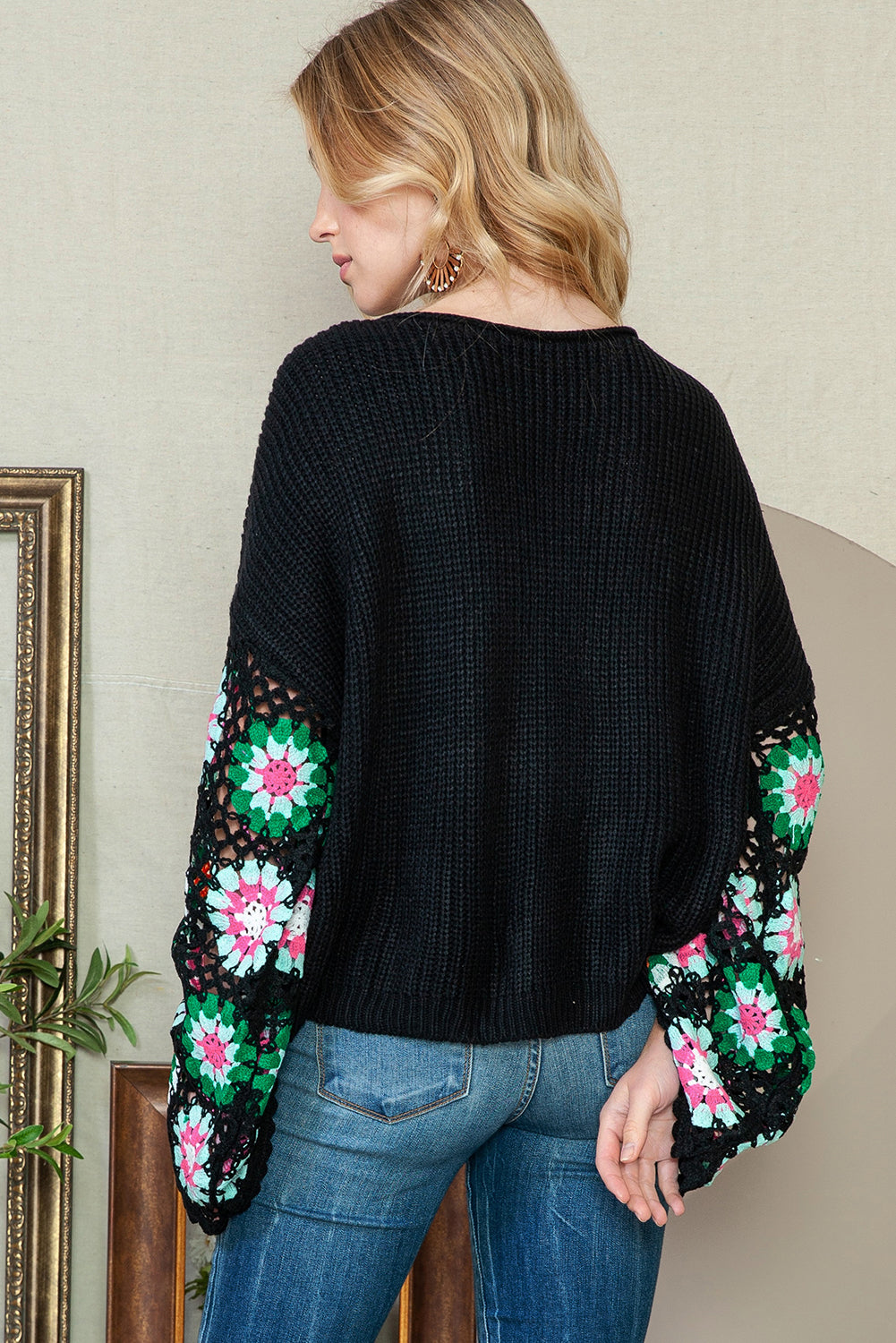 Black Floral Crochet Bell Sleeve Loose Knit Sweater