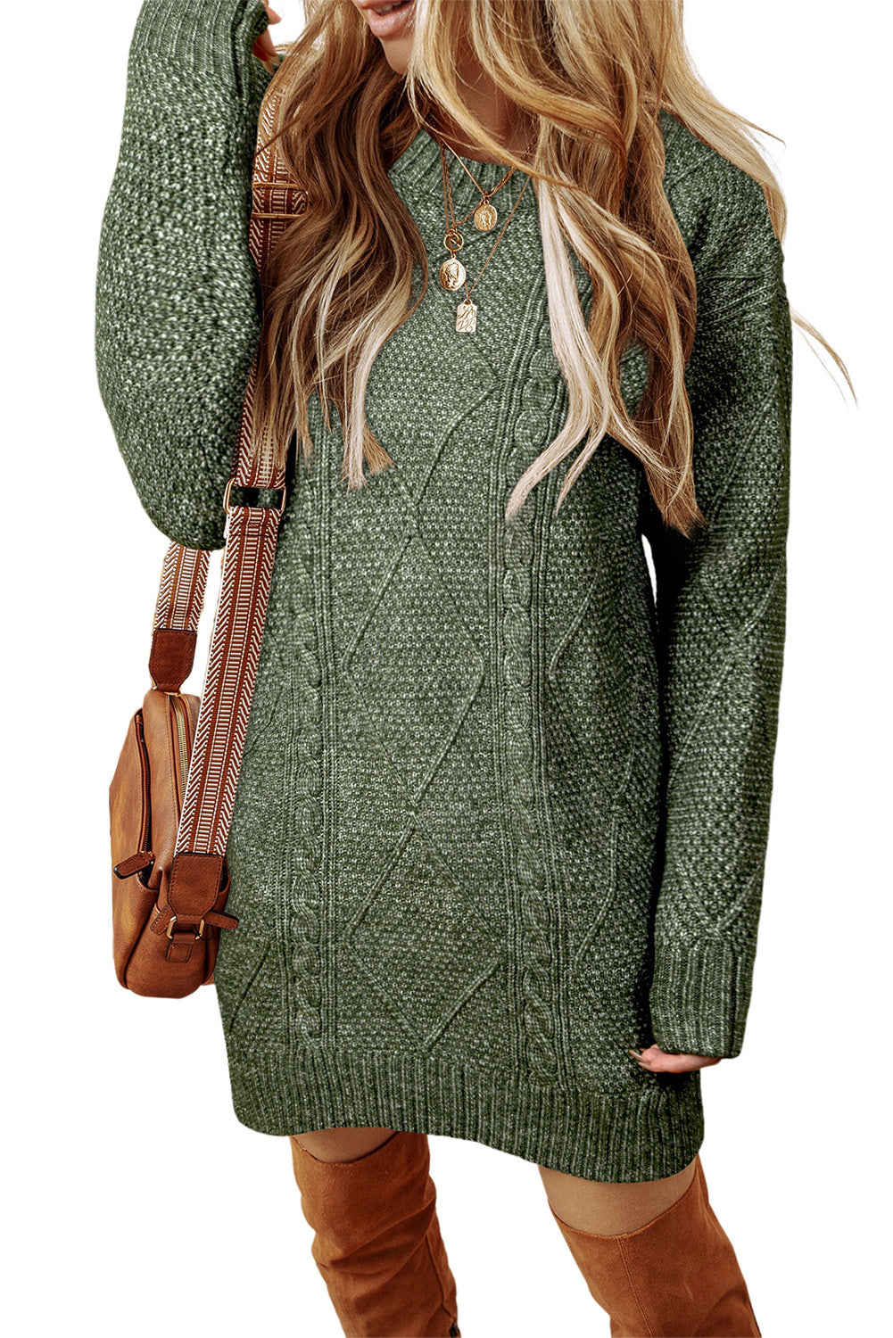 Coffee Twist Cable Knit Drop Shoulder Loose Fit Sweater Dress