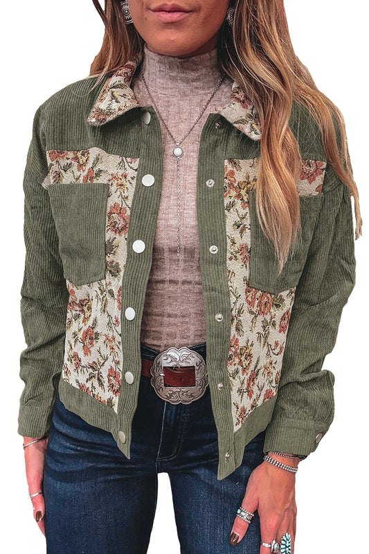 A Sage Green Ribbed Retro Floral Patchwork Jacket