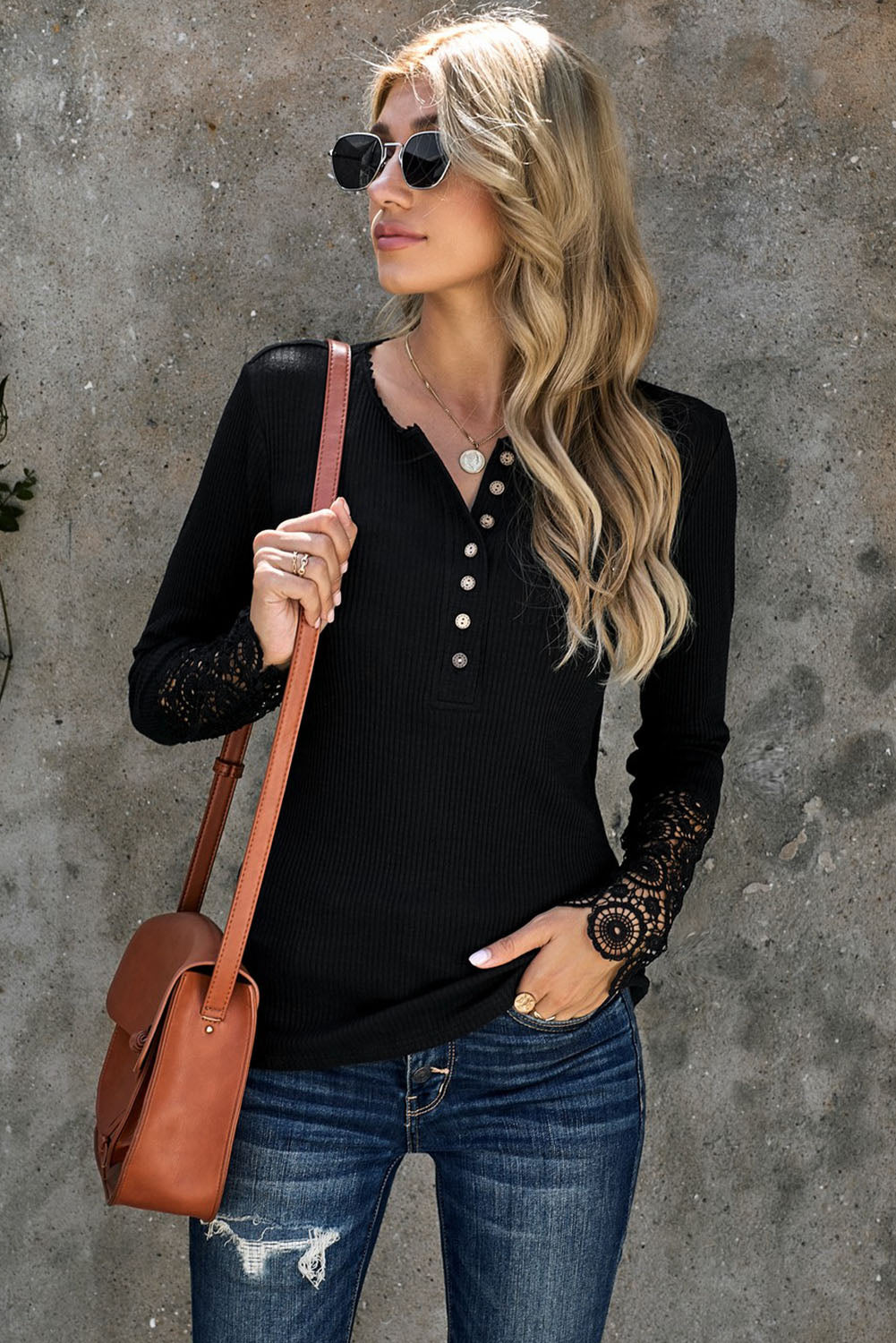 Black Ribbed Lace Crochet Long Sleeve Henley Shirt