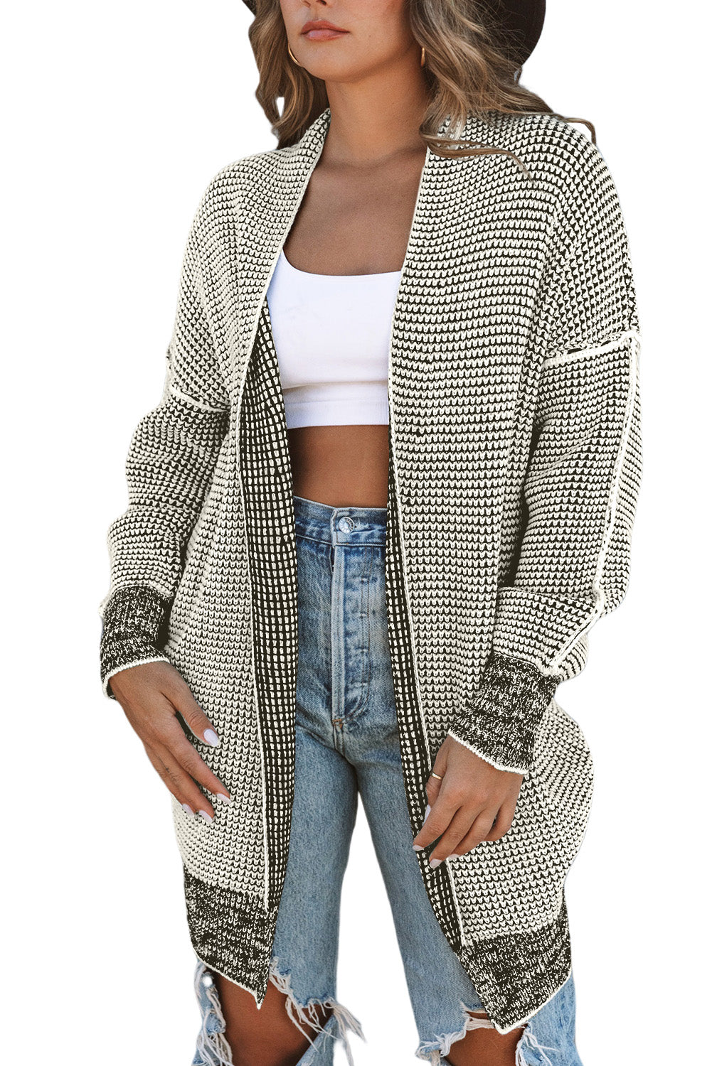 Plaid Contrast Trim Casual Knit Cardigan