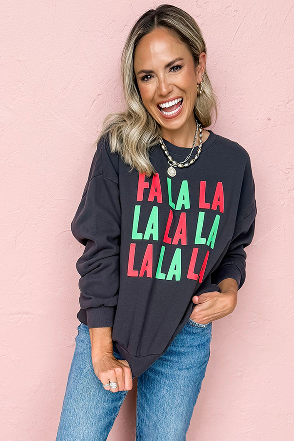 Black FA LA LA LA Print Round Neck Sweatshirt