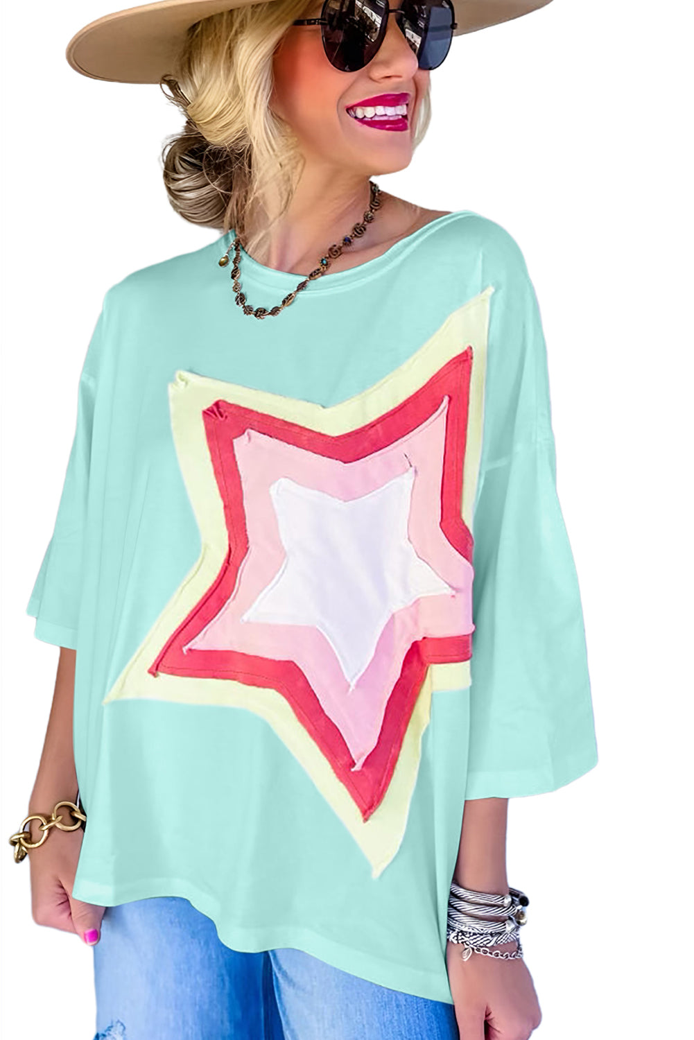 Moonlight Jade Colorblock Star Patched Half Sleeve Oversized Tee