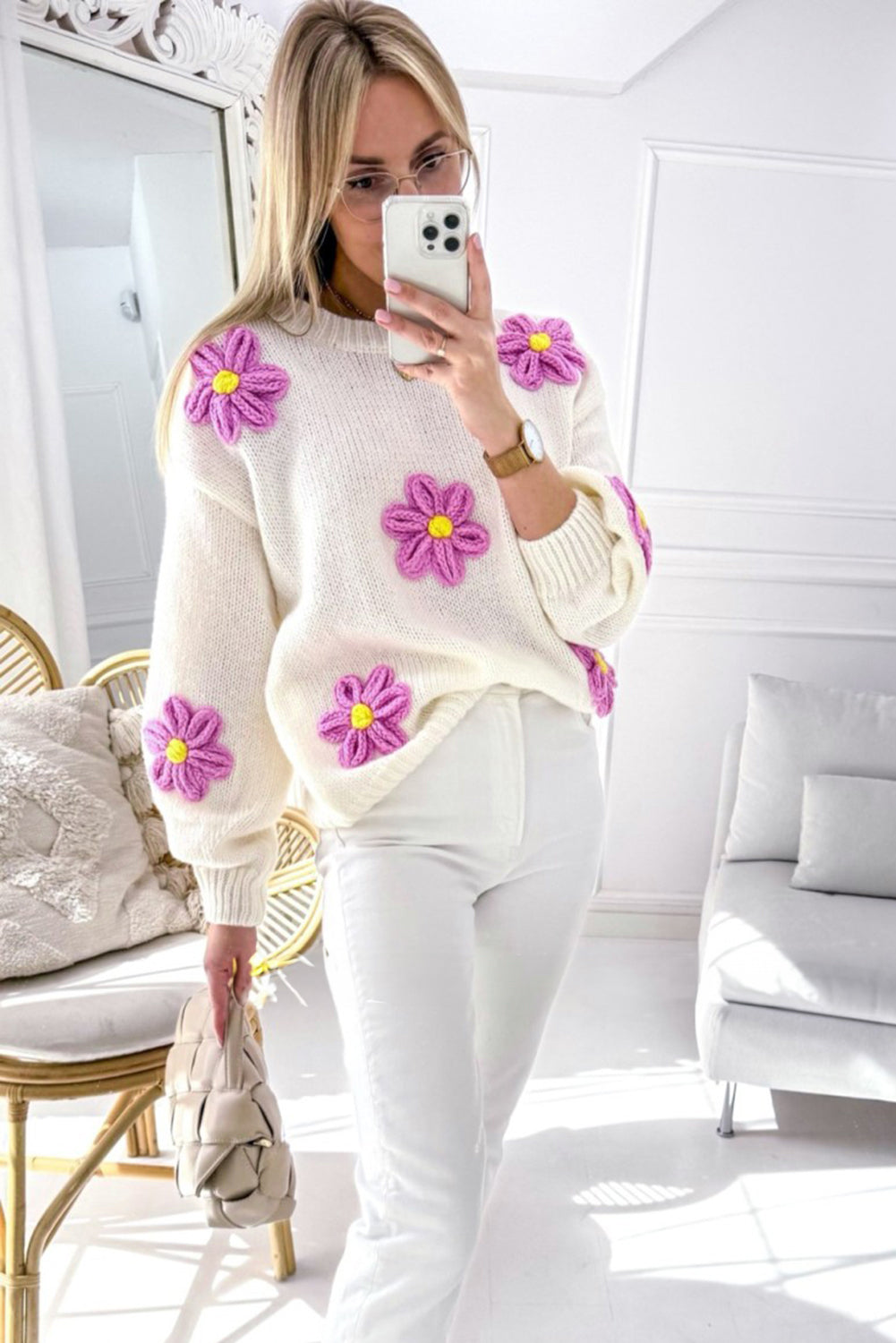 White 3D Flower Detail Loose Sweater