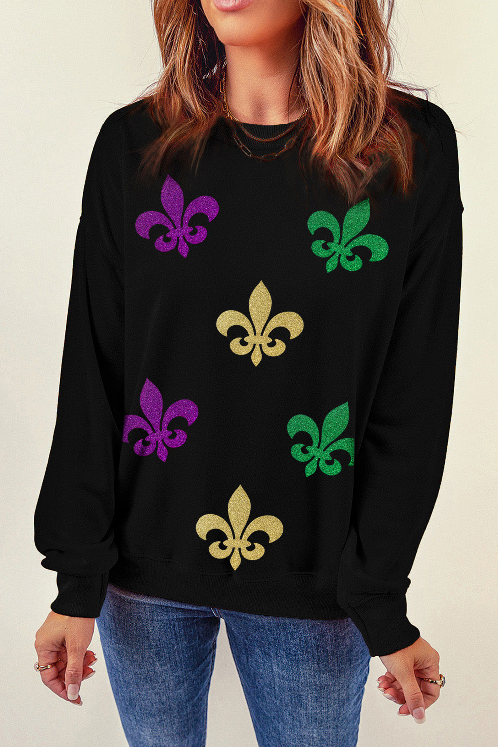 Black Mardi Gras Graphic Round Neck Casual Sweatshirt