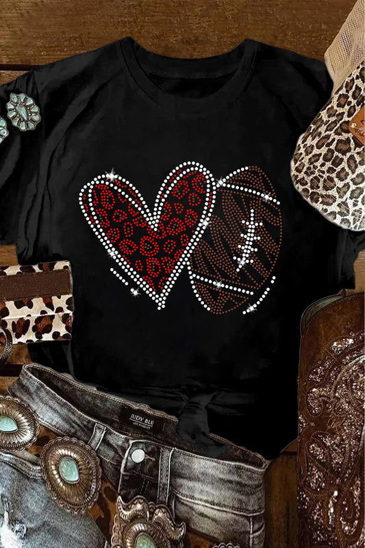 Black Rhinestone Football Heart Shape Graphic Crewneck T Shirt