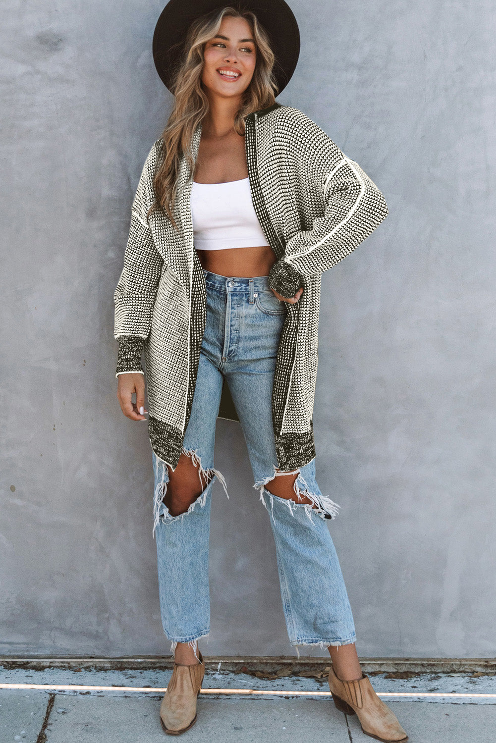 Plaid Contrast Trim Casual Knit Cardigan