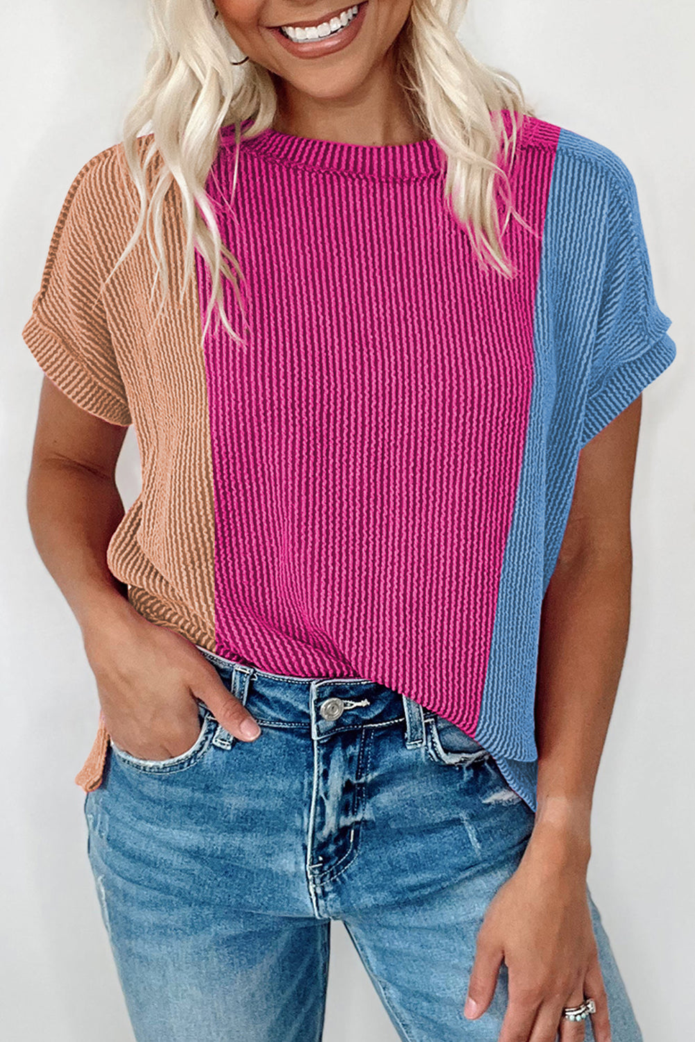 Pink Textured Colorblock Round Neck T Shirt