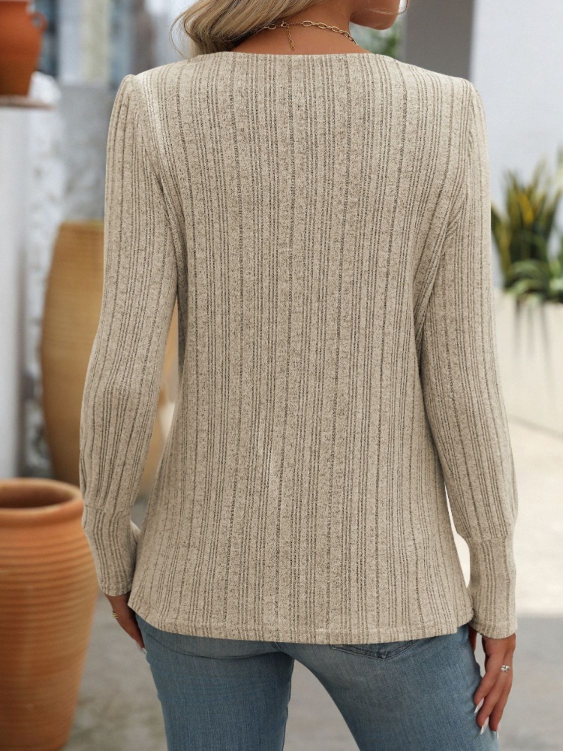 Decorative Button Striped Square Neck Long Sleeve Sweater