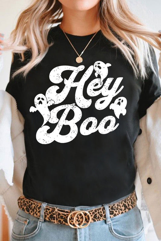 Black Halloween Hey Boo Ghost Print Crew Neck T Shirt