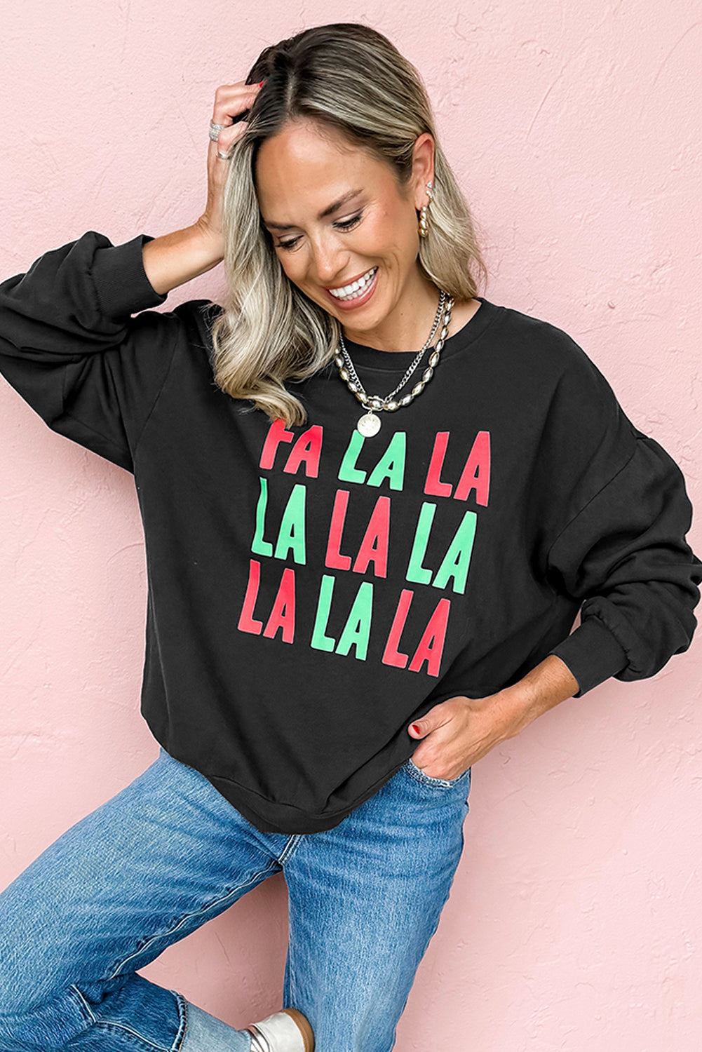 Black FA LA LA LA Print Round Neck Sweatshirt