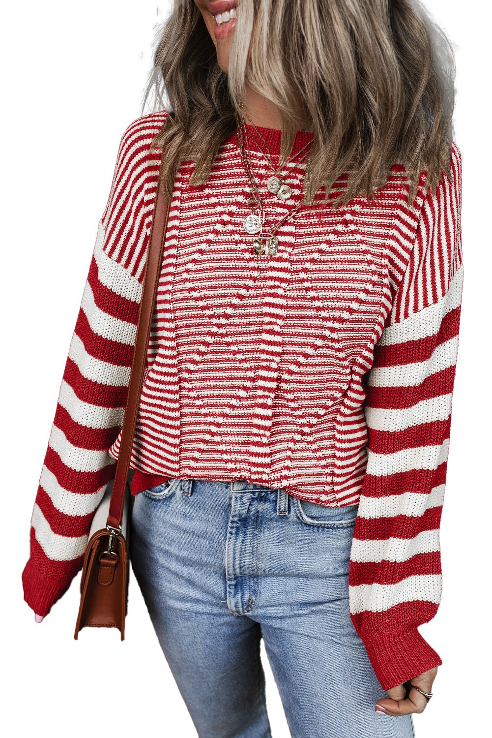 Red and White Stripe Twisted Knitted Drop Shoulder Sweater