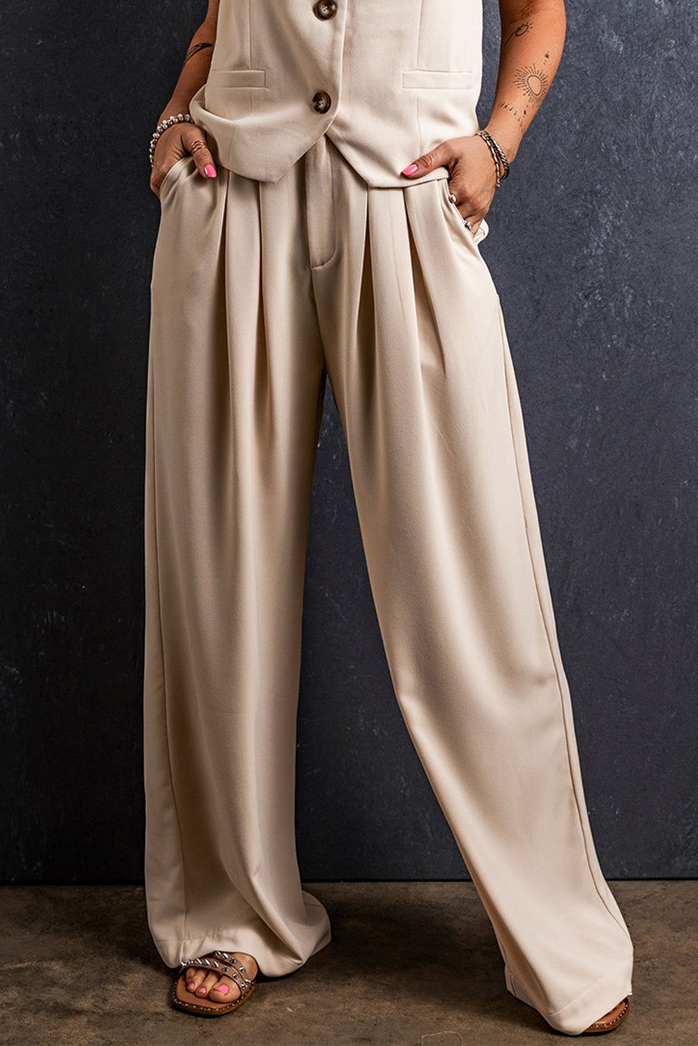 Apricot Elastic Waist Pleated Wide Leg Pants