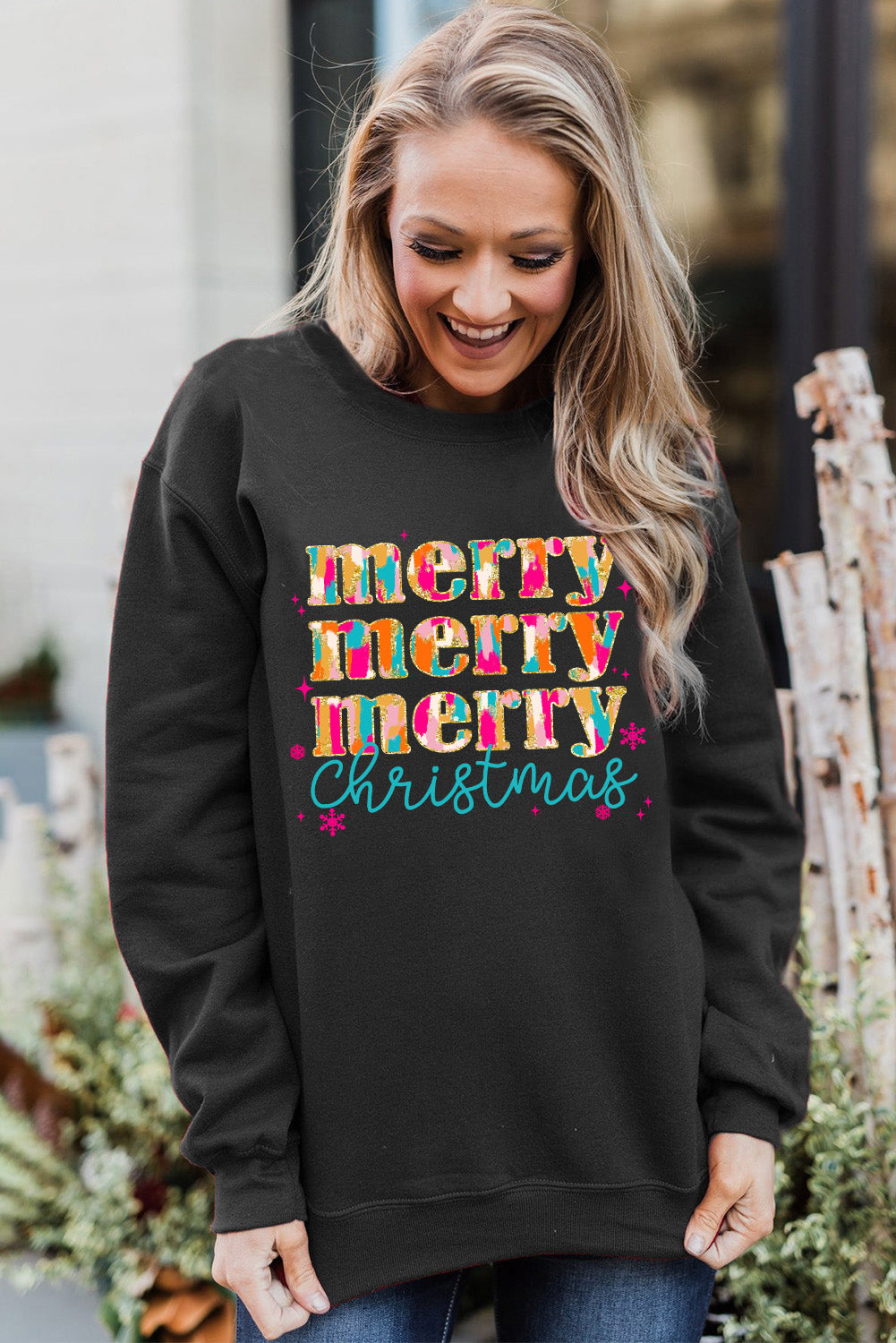 Black Merry Christmas Painted Crew Neck Graphic Sweatshirt