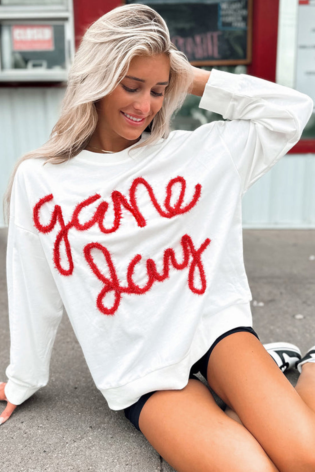 White With Red Tinsel Game Day Drop Shoulder Sweatshirt