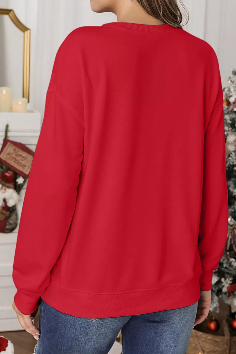 Red Playful Christmas Tree Patched Dropped Shoulder Sweatshirt