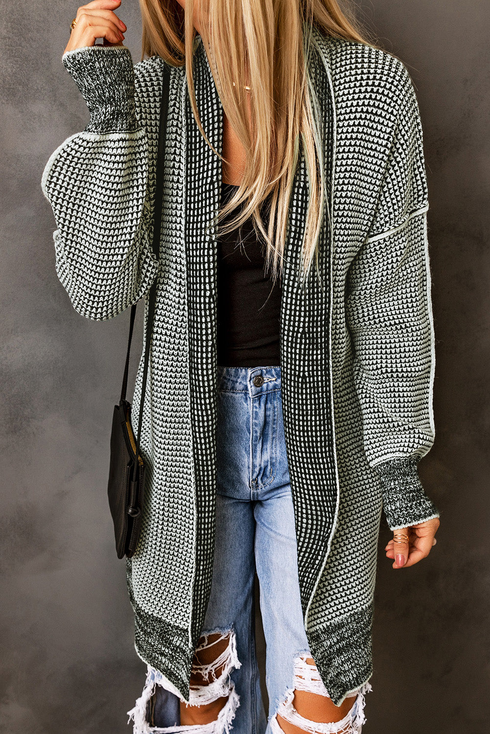 Plaid Contrast Trim Casual Knit Cardigan