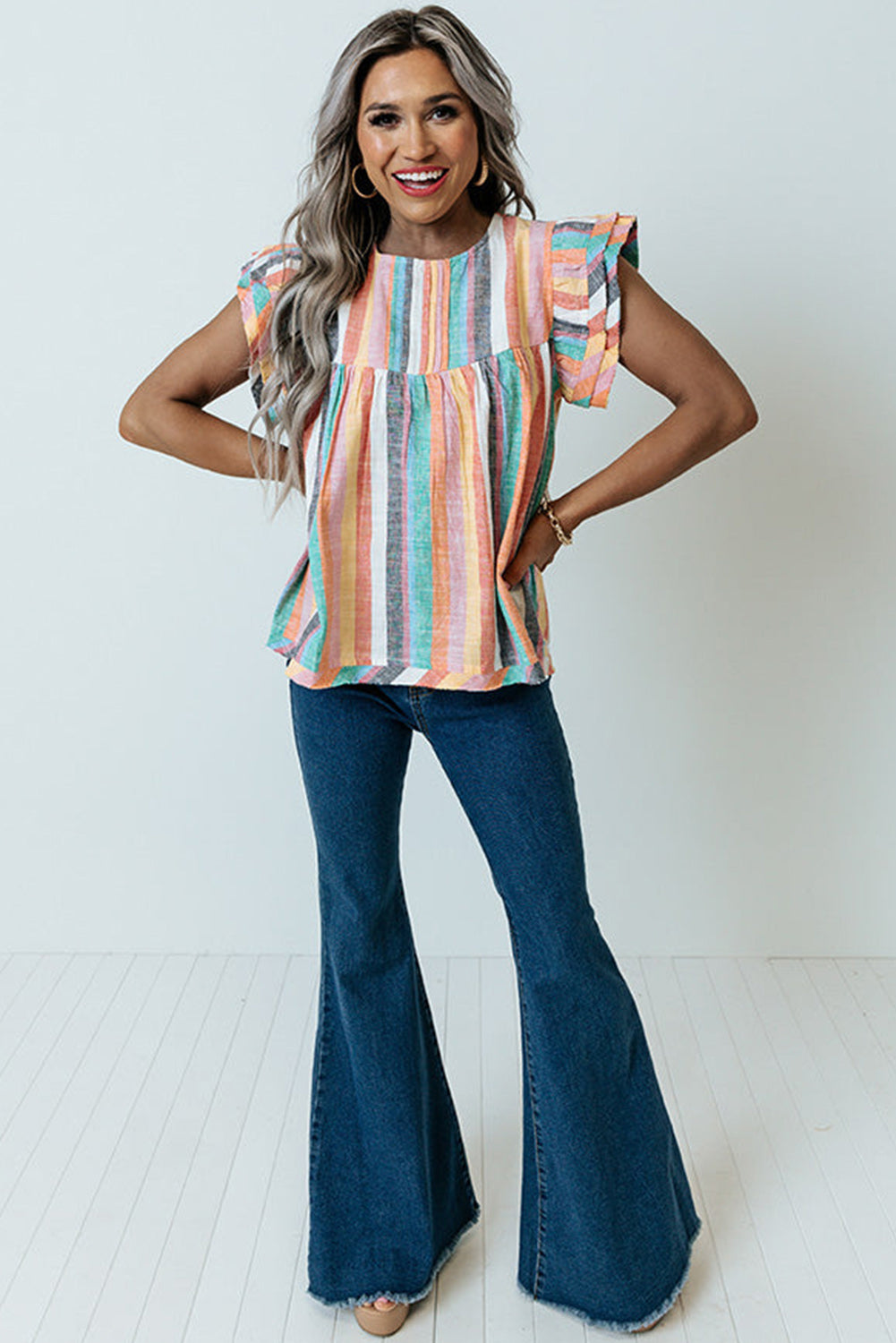 Multicolor Striped Back Button Keyhole Layered Sleeve Blouse