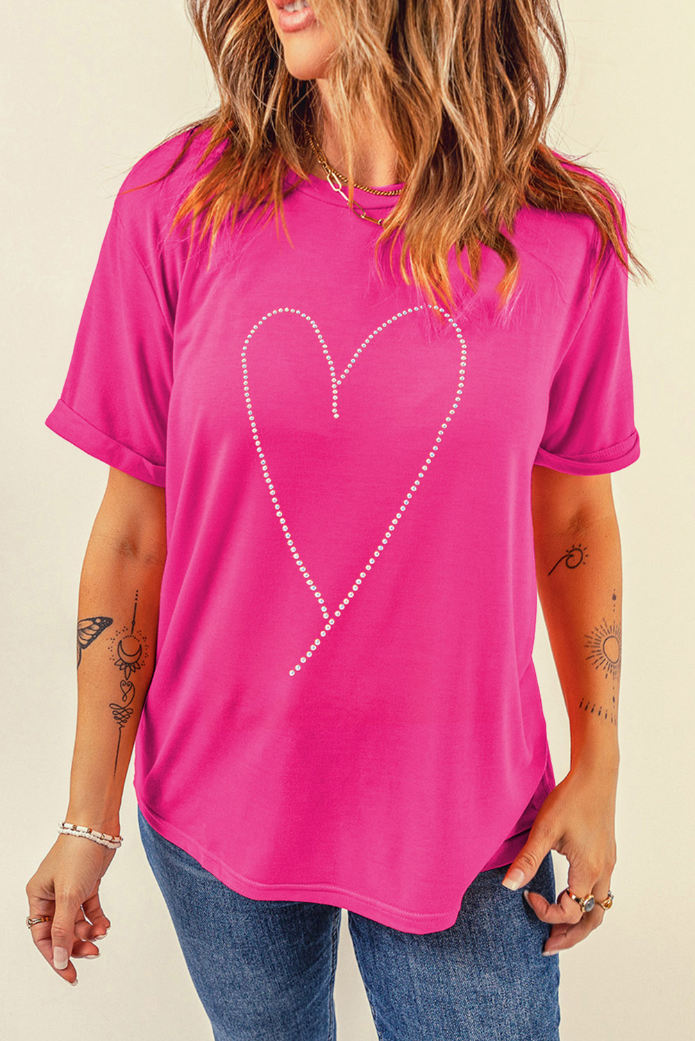 Rose Red Rhinestone Heart Graphic Crewneck Valentines Tee