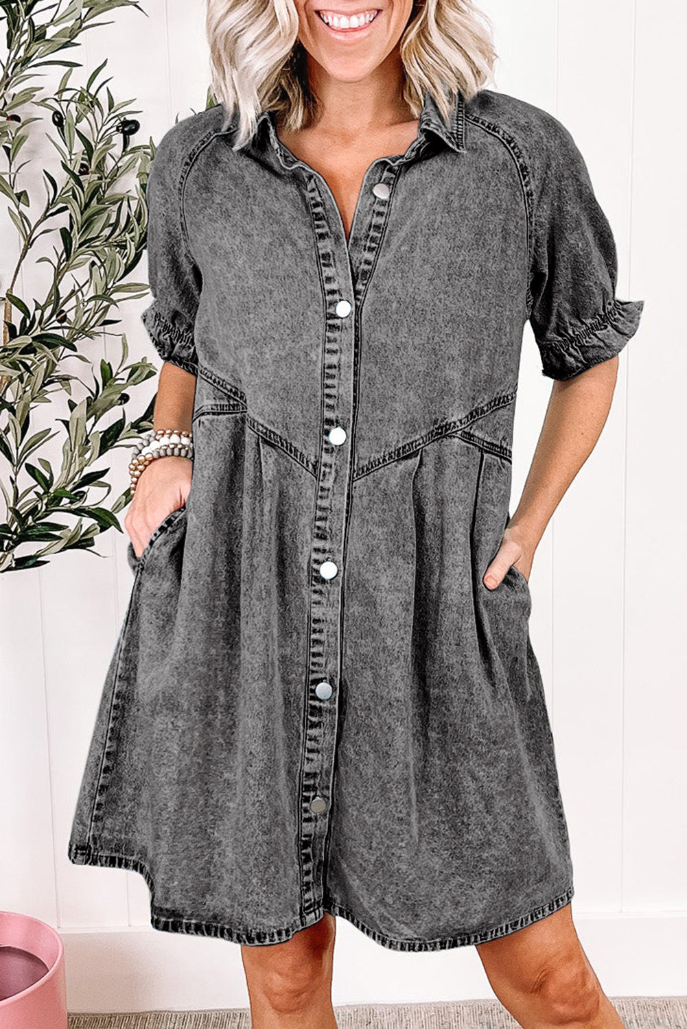 Medium Grey Mineral Washed Ruffled Short Sleeve Pocketed Denim Dress