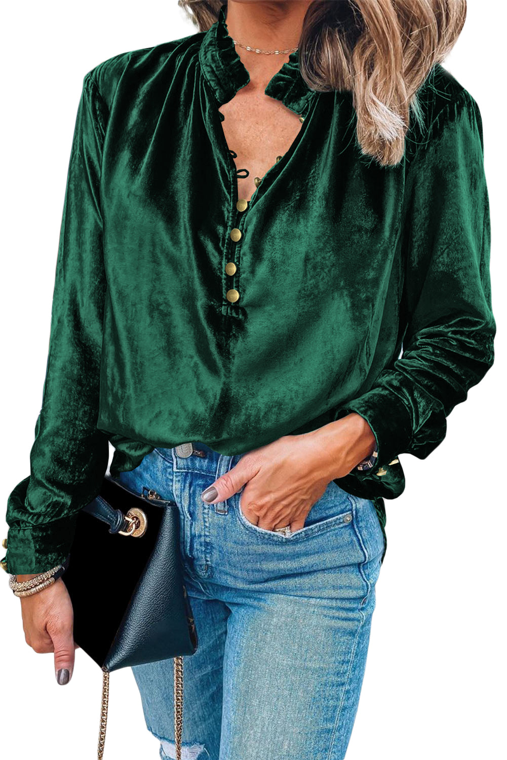 Frilled Neck Buttoned Front Velvet Top