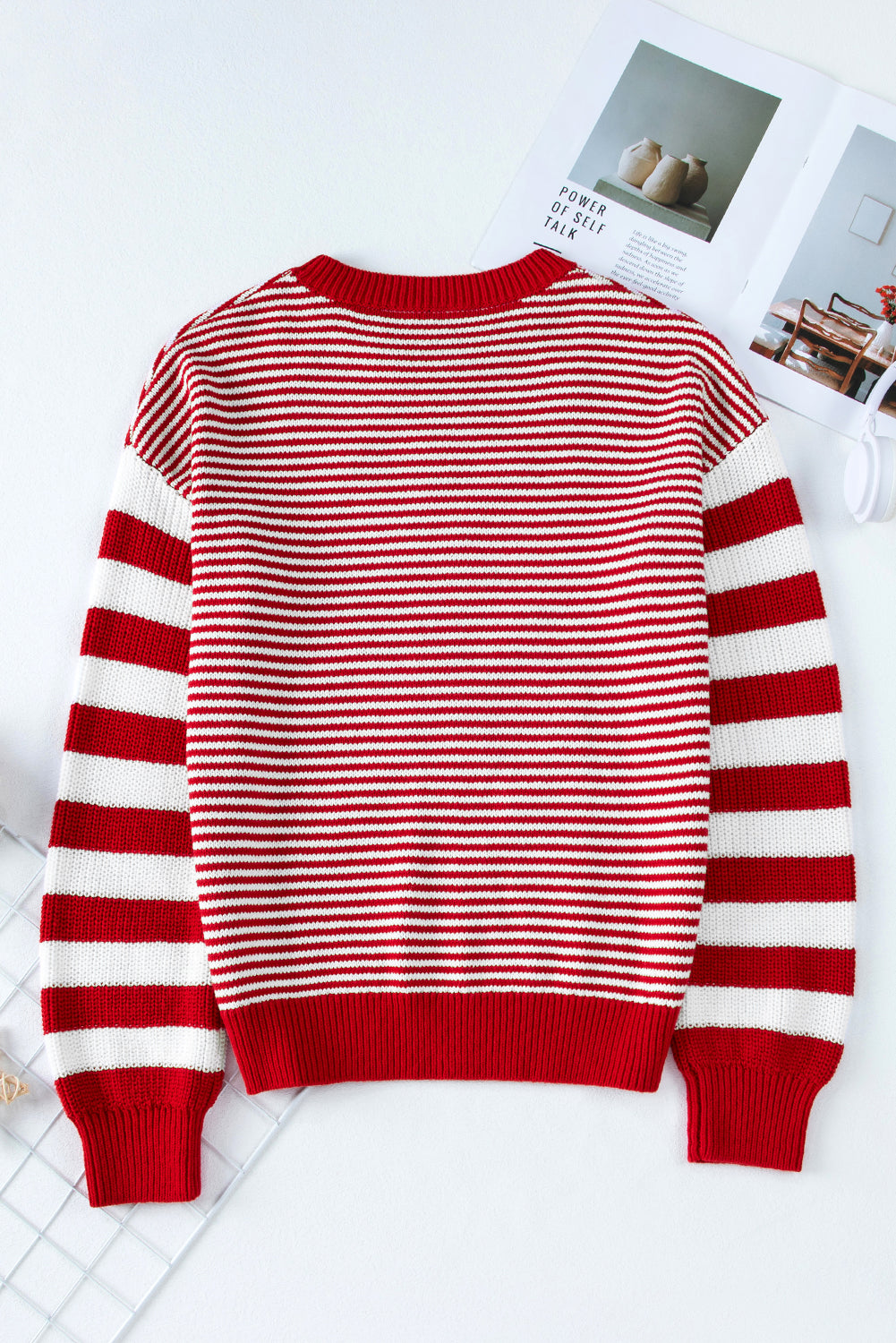 Red and White Stripe Twisted Knitted Drop Shoulder Sweater