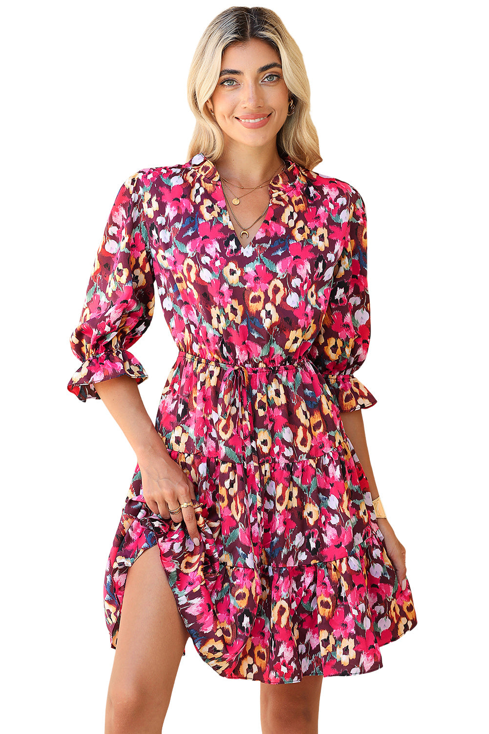 Rose Red Floral Print Drawstring Waist V Neck Mini Dress