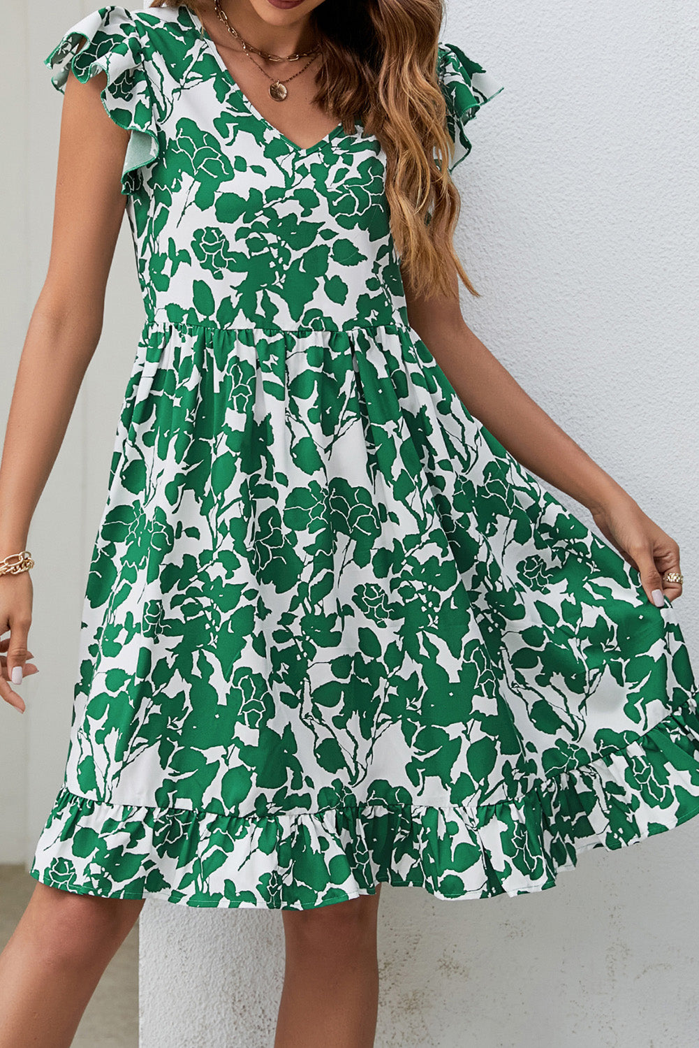 Dark Green Leaf Print V Neck Fly Sleeve Midi Dress