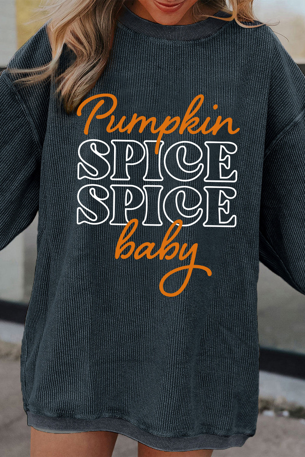 Dark Grey Fall Pumpkin Spice Baby Graphic Textured Sweatshirt