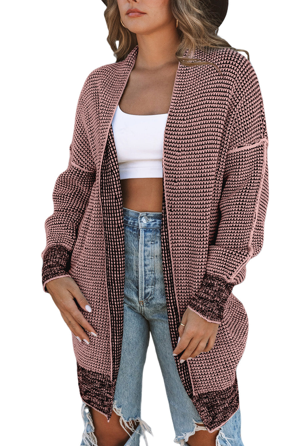 Plaid Contrast Trim Casual Knit Cardigan