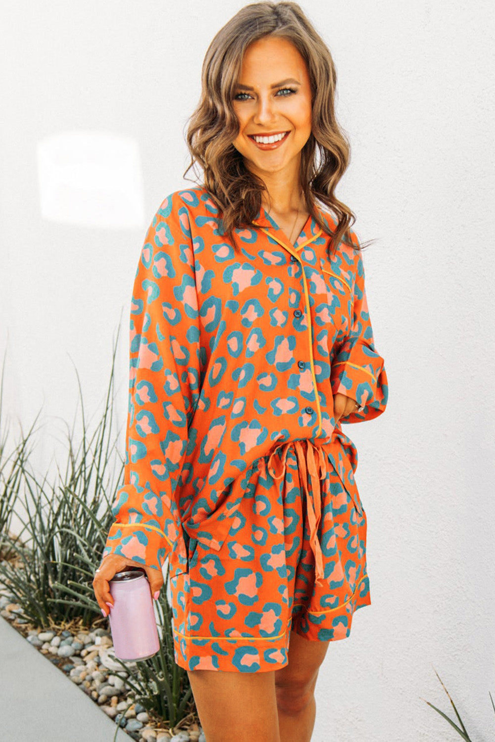 Pink Leopard Print Long Sleeve Shirt and Shorts Pajama Set